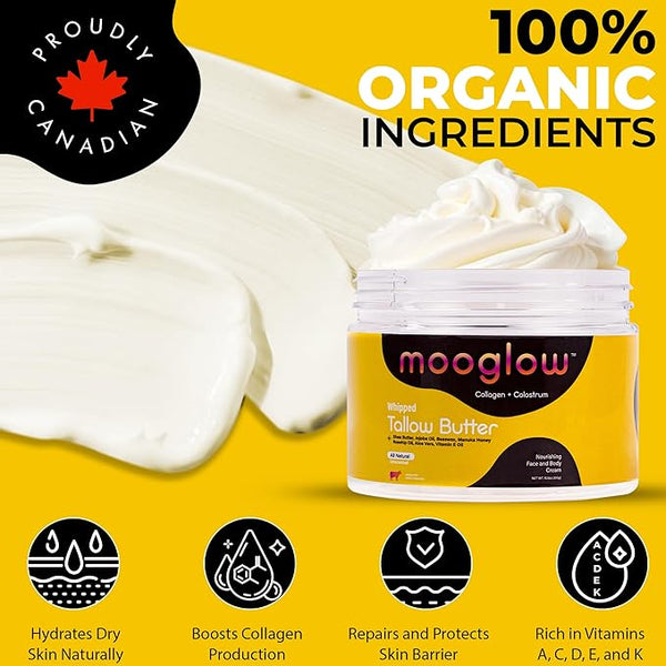 Mooglow - Organic Grass-Fed Beef Tallow Balm: Collagen, Shea & Rosehip Oil, 10.5 oz