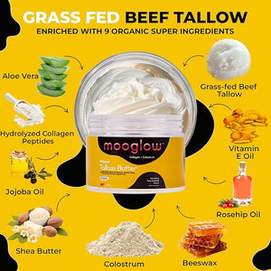 Mooglow - Organic Grass-Fed Beef Tallow Balm: Collagen, Shea & Rosehip Oil, 10.5 oz