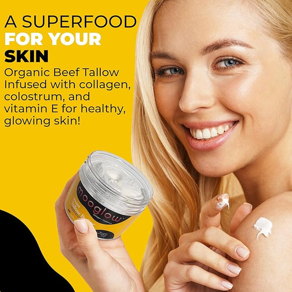 Mooglow - Organic Grass-Fed Beef Tallow Balm: Collagen, Shea & Rosehip Oil, 10.5 oz